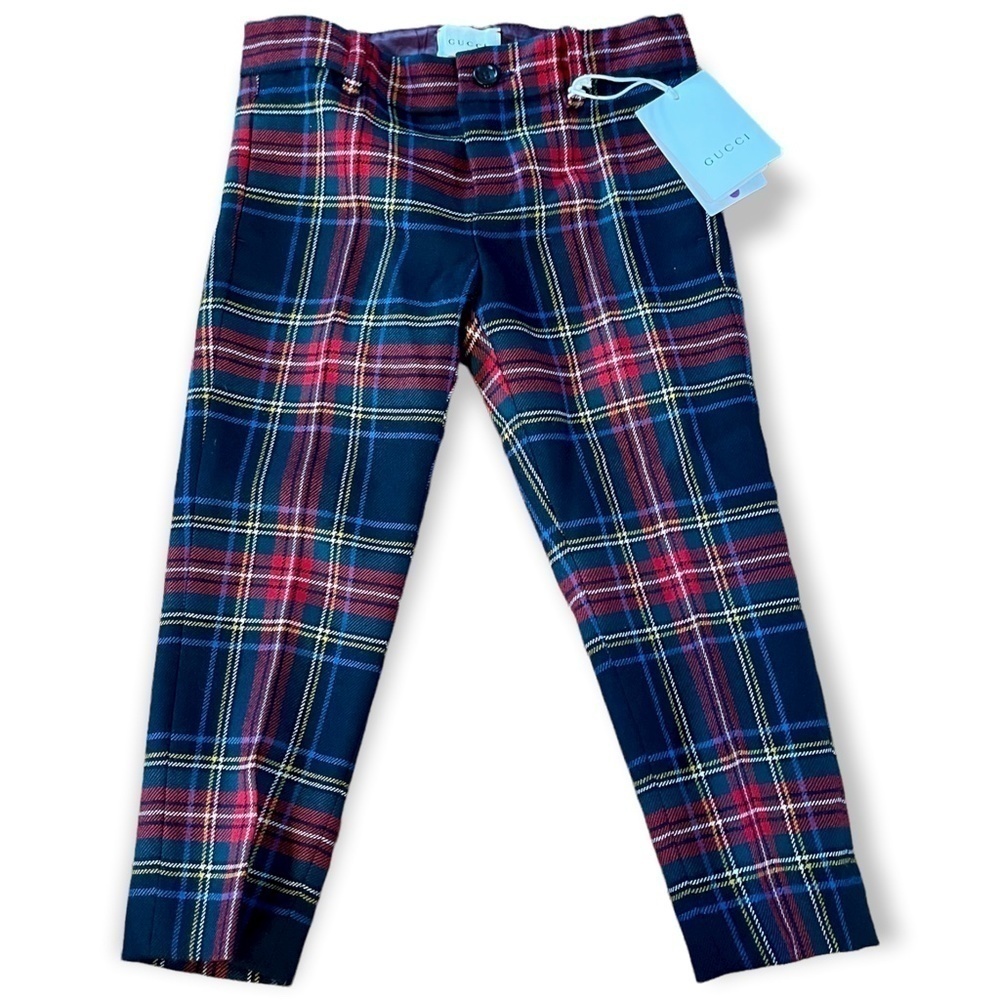 Gucci Kids Unisex Red Tartan Plaid Wool Pants Size 36 Months 3Y NWT